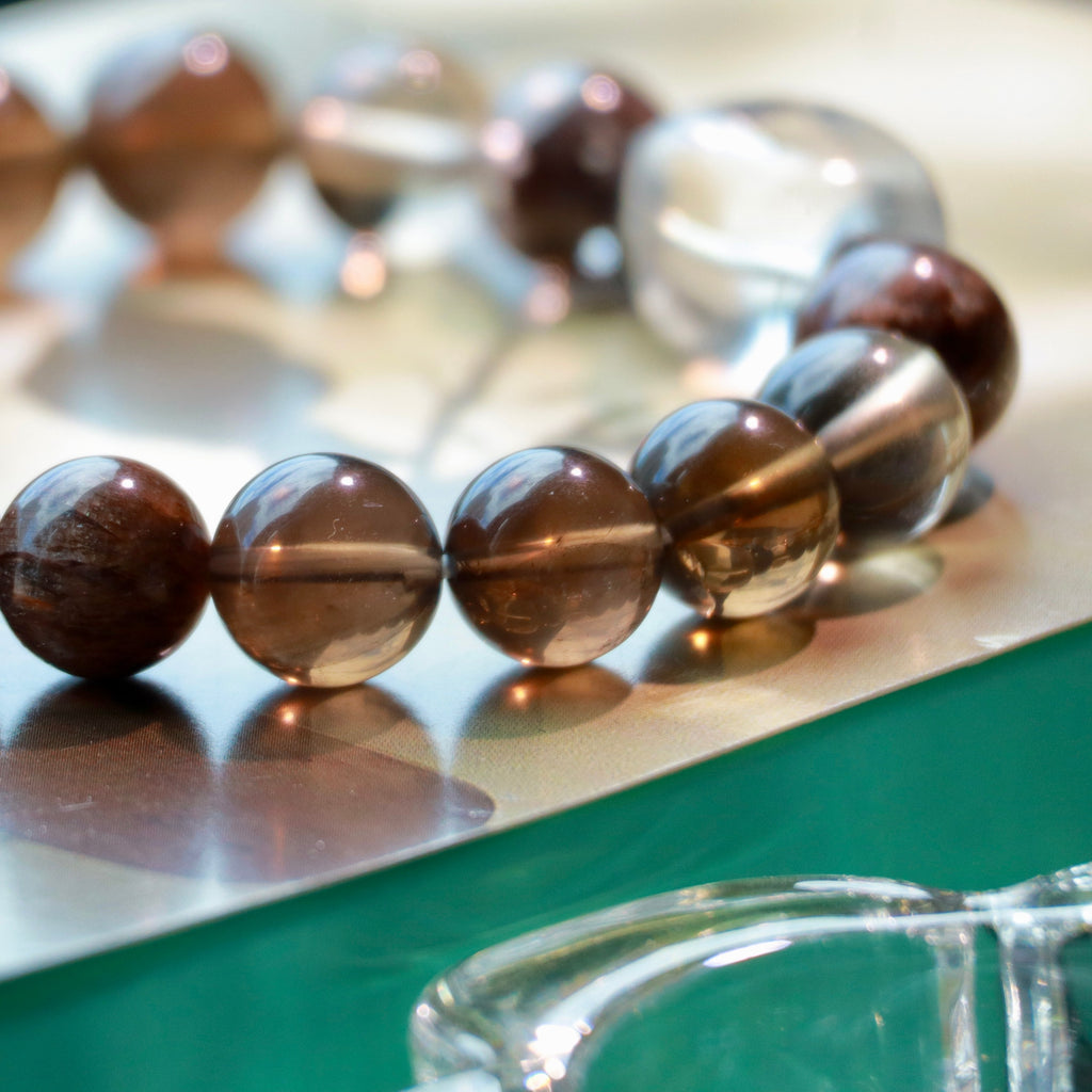 Black Gold Super Seven & Smoky Quartz Bracelet with Red Phantom Quartz and Clear Quartz