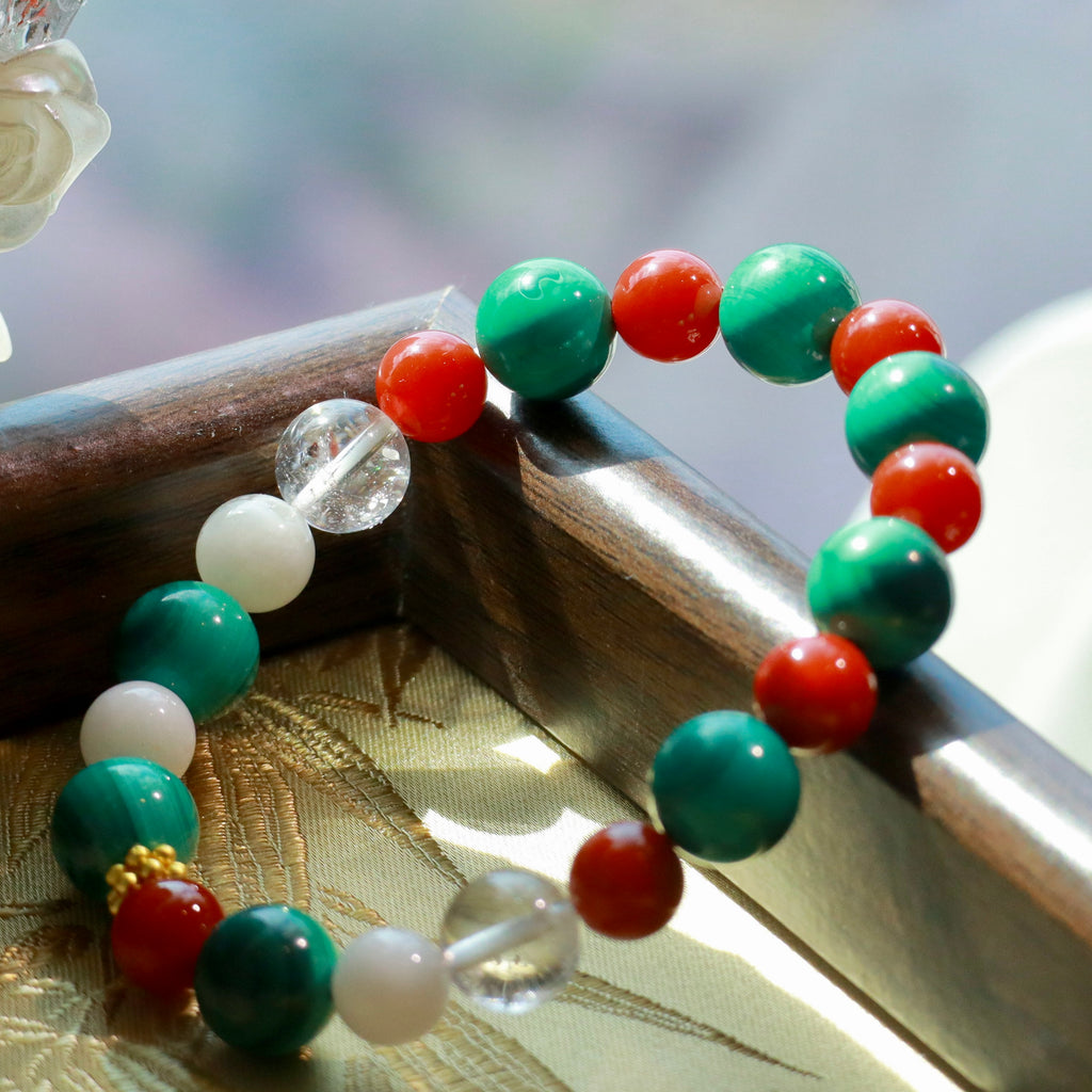 10mm Malachite Bracelet with Nanhong Agate, Snowflake Phantom Quartz & White Azeztulite Christmas Decor