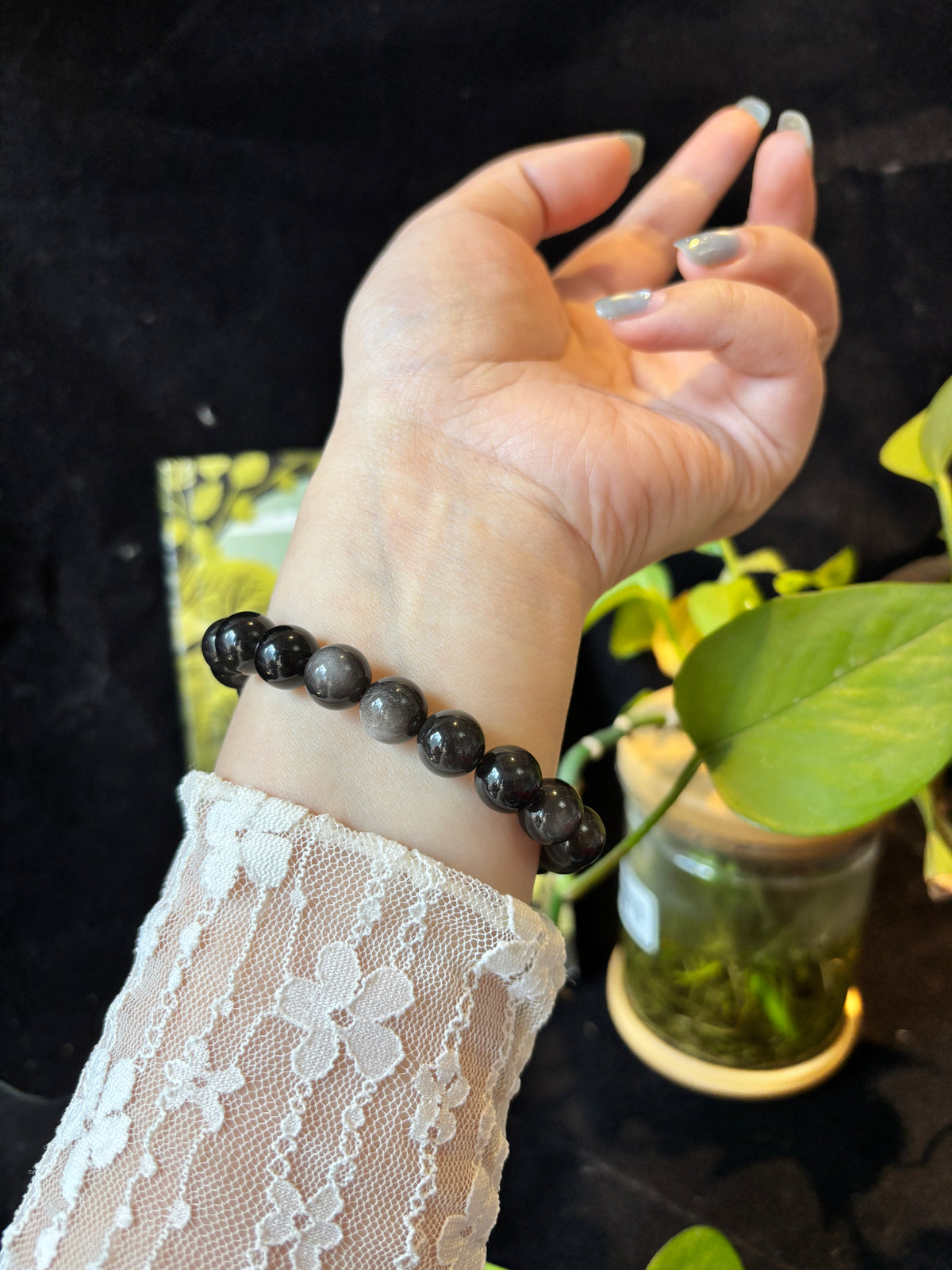 10mm Natural Silver Sheen Obsidian Bracelet –  Black Gemstone Beads