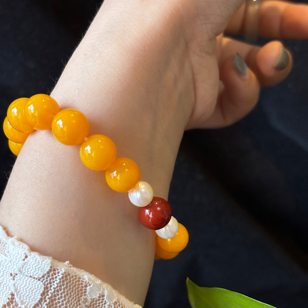 Natural Yellow Agate & Pearl Bracelet with Nanhong Agate | 10mm Gemstone Beaded Bracelet