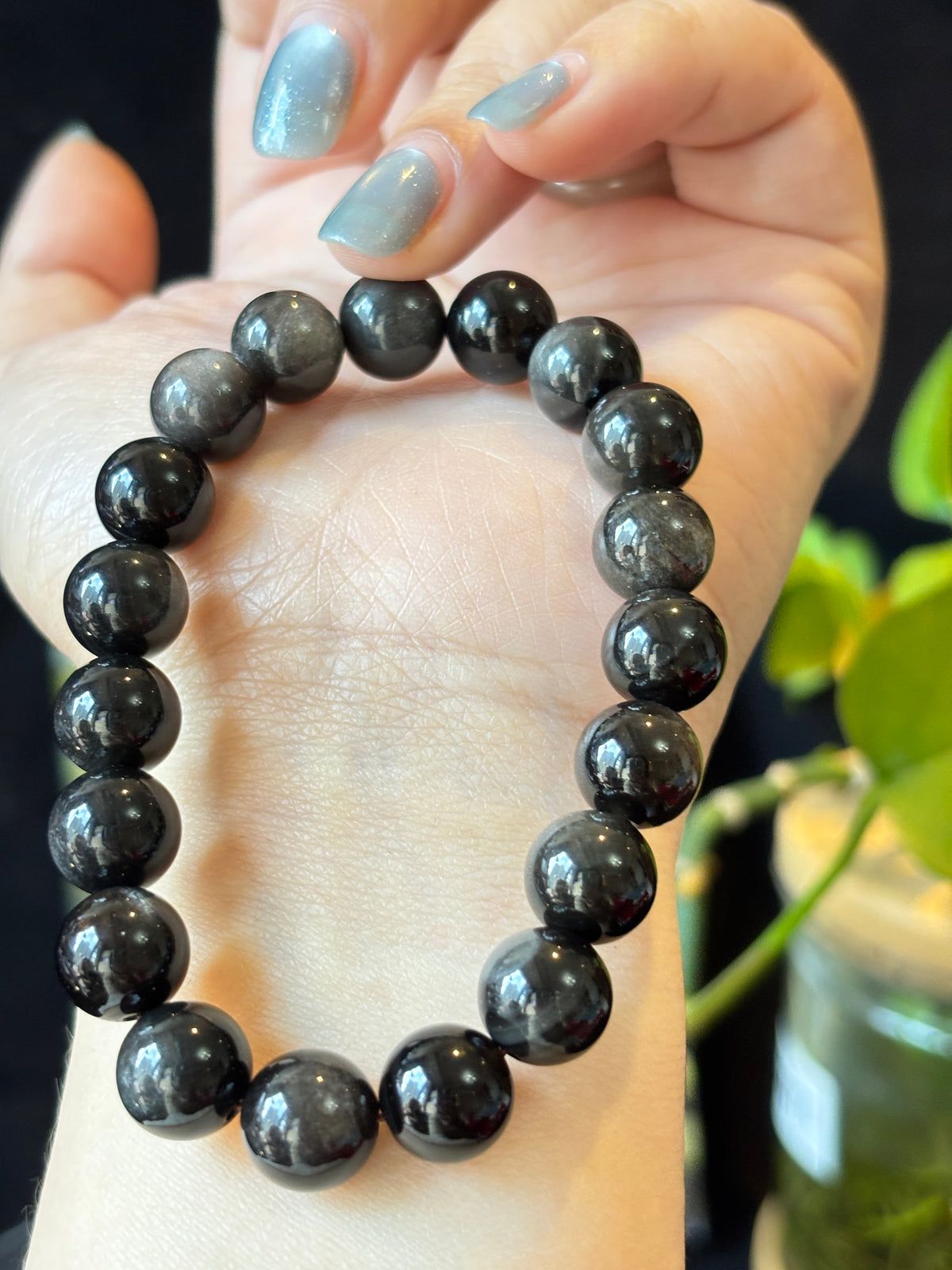 10mm Natural Silver Sheen Obsidian Bracelet –  Black Gemstone Beads