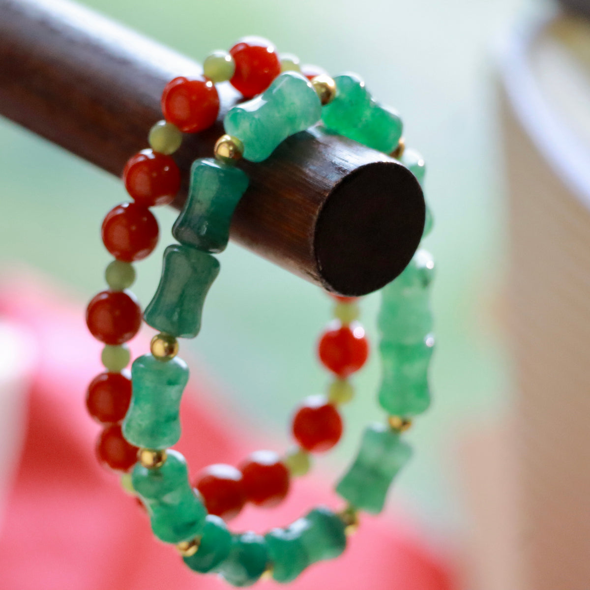 Natural Gemstone Stacking Bracelet Set | 8mm Nanhong Agate, Hetian Jade & Aventurine