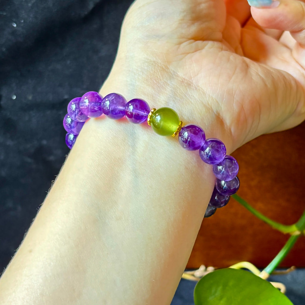9mm Amethyst & Xiuyu Jade Bracelet – Handmade Natural Crystal Stretch Bracelet