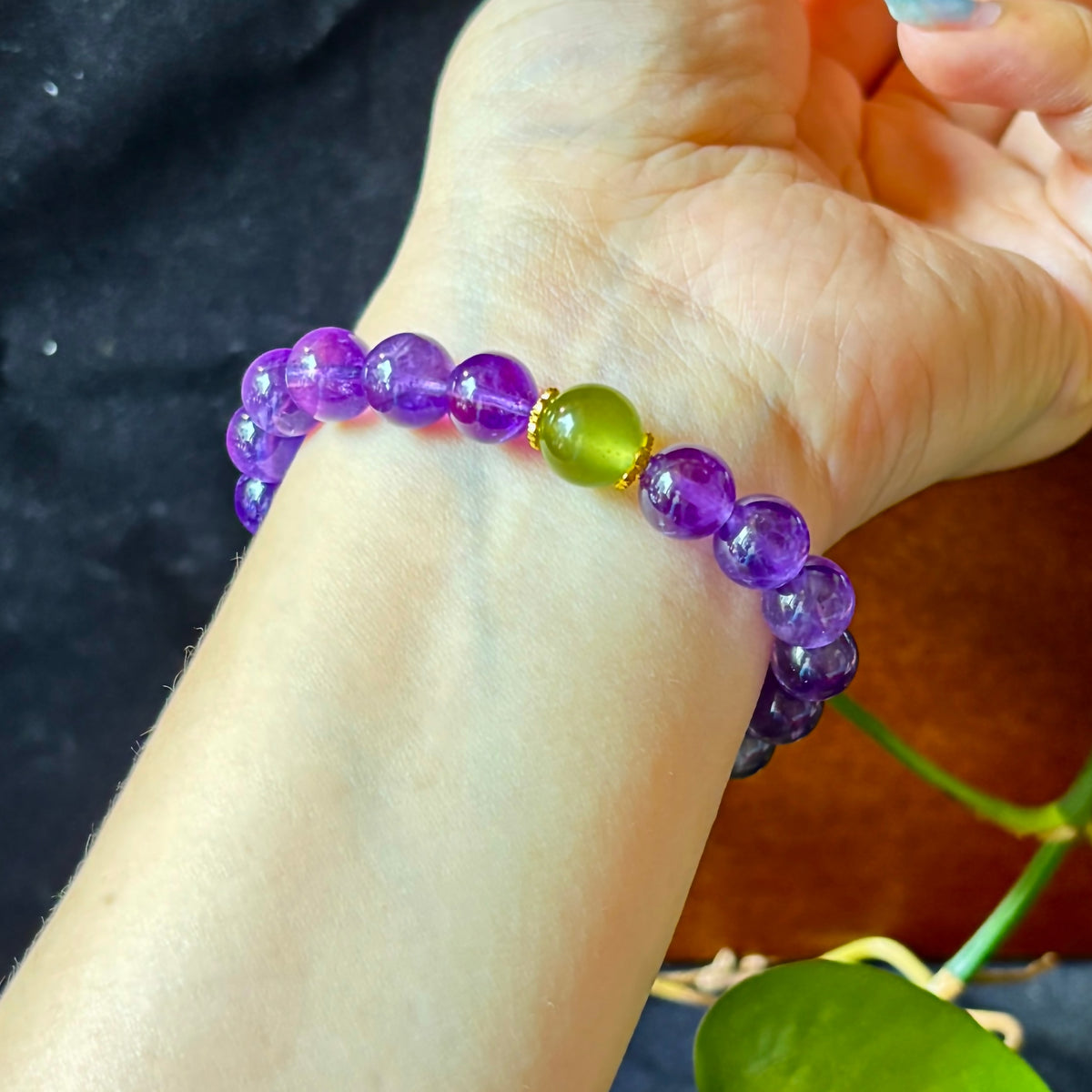 9mm Amethyst & Xiuyu Jade Bracelet – Handmade Natural Crystal Stretch Bracelet
