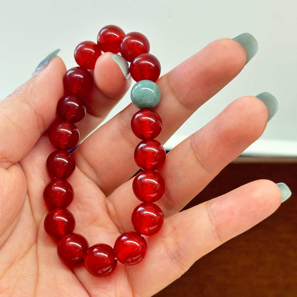 10mm Red Agate & Green Jade Bracelet – Handmade Natural Gemstone Stretch Bracelet