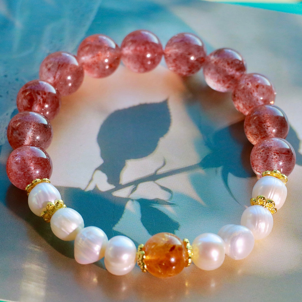 10mm Strawberry Quartz & Pearl Bracelet with Golden Rutilated Quartz