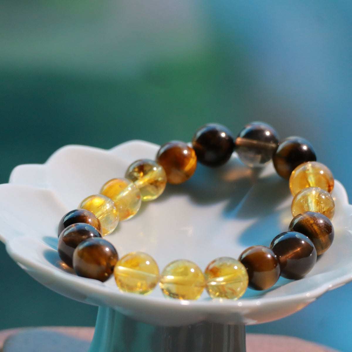10mm Golden Citrine, Yellow Tiger’s Eye & Smoky Quartz Bracelet