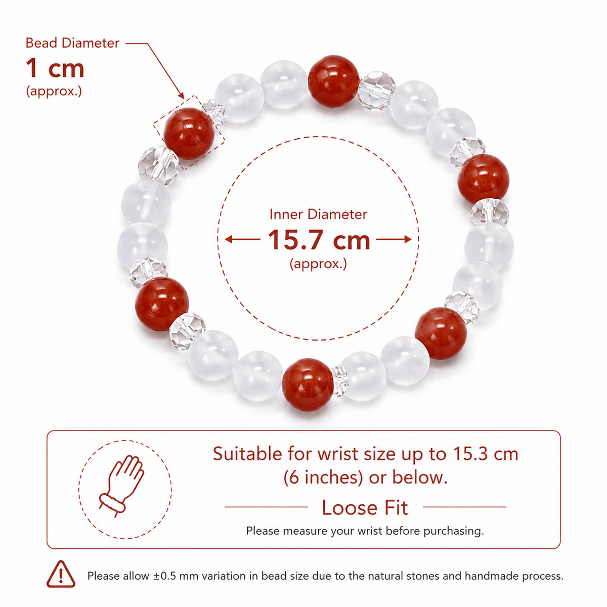 10mm Cream White Crystal & Red Agate Beaded Bracelet with Clear Quartz Spacers - DancingMotes