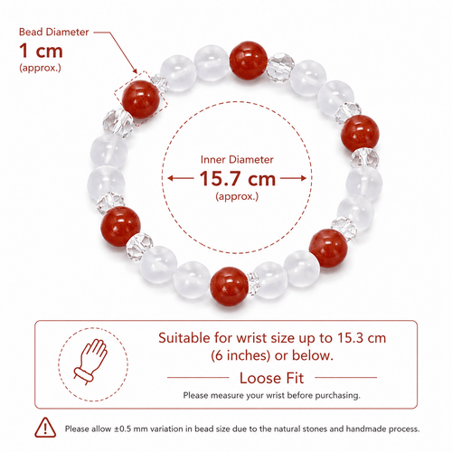 10mm Cream White Crystal & Red Agate Beaded Bracelet with Clear Quartz Spacers - DancingMotes