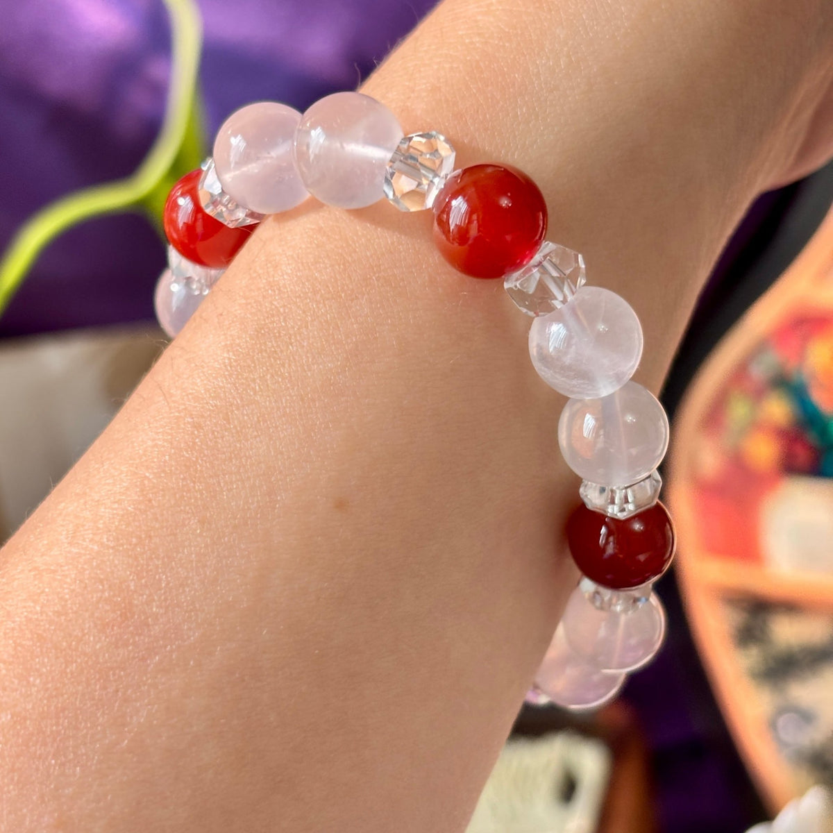 10mm Cream White Crystal & Red Agate Beaded Bracelet with Clear Quartz Spacers - DancingMotes