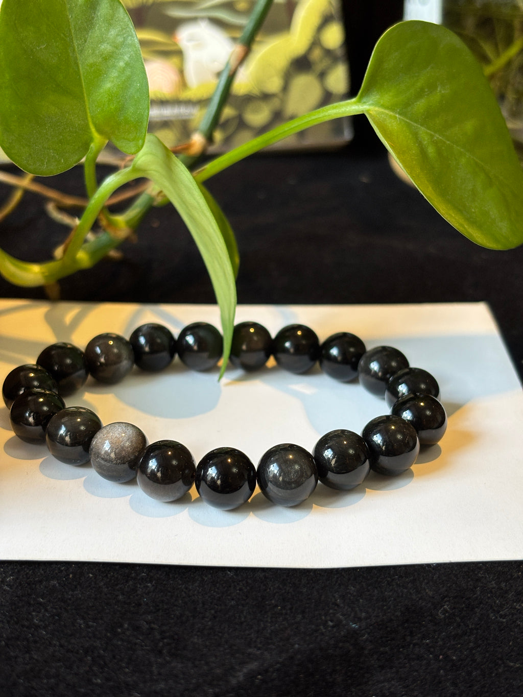 10mm Natural Silver Sheen Obsidian Bracelet –  Black Gemstone Beads