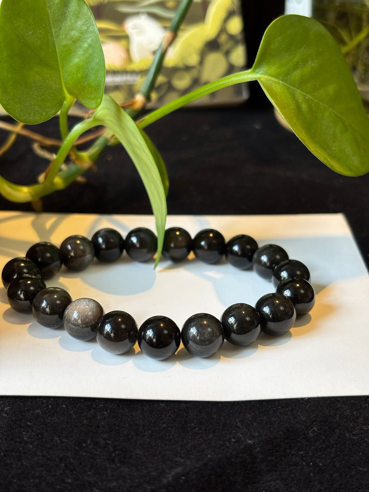10mm Natural Silver Sheen Obsidian Bracelet –  Black Gemstone Beads