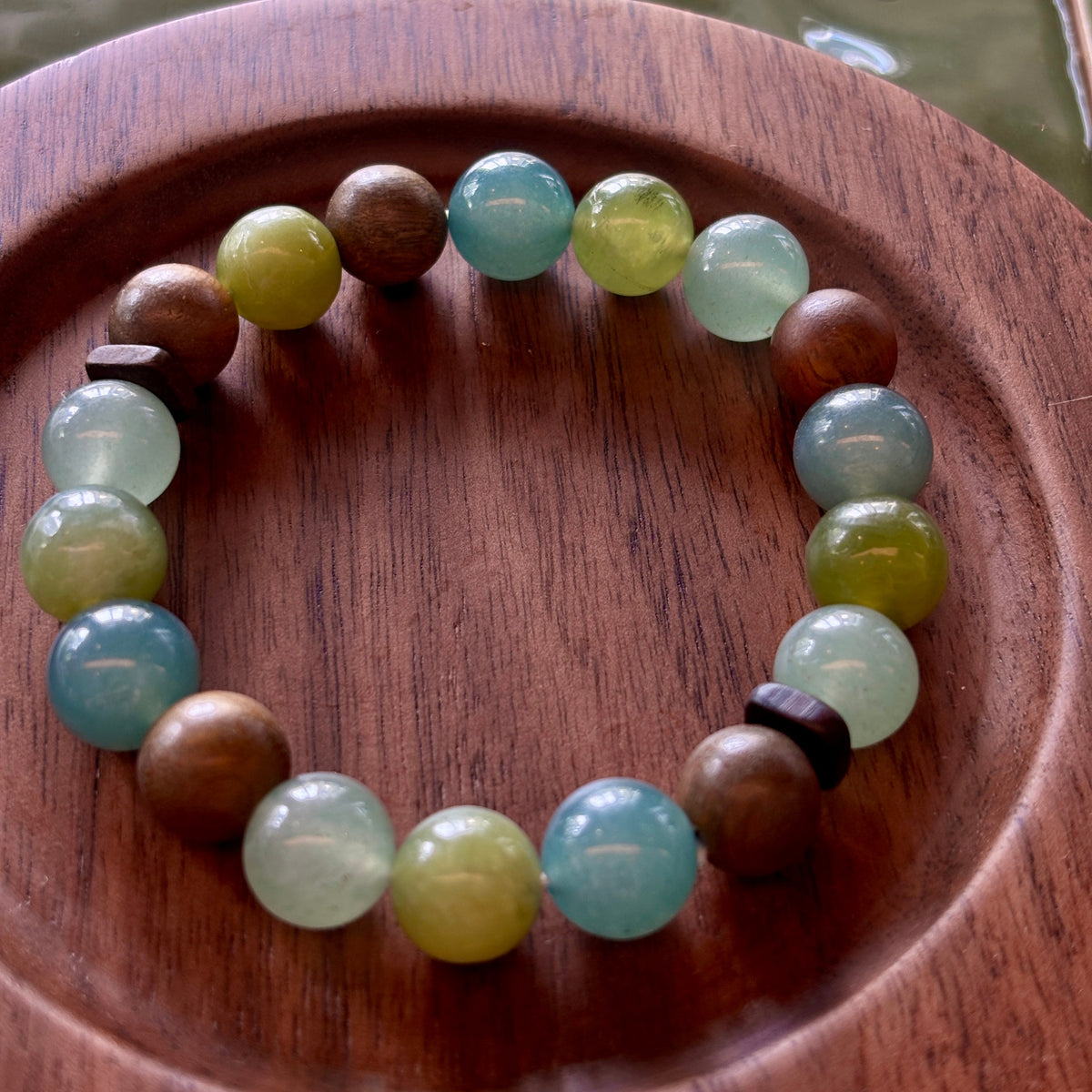 Green Aventurine & Xiuyan Jade Bracelet with Blue Agate and Green Sandalwood