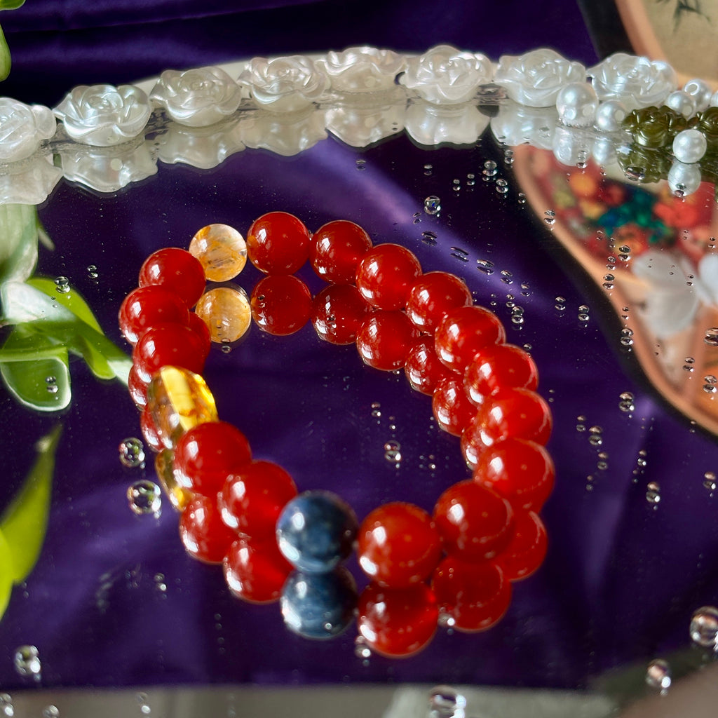 Red Agate Bracelet with Blue Kyanite, Yellow Flower Agate & Amber
