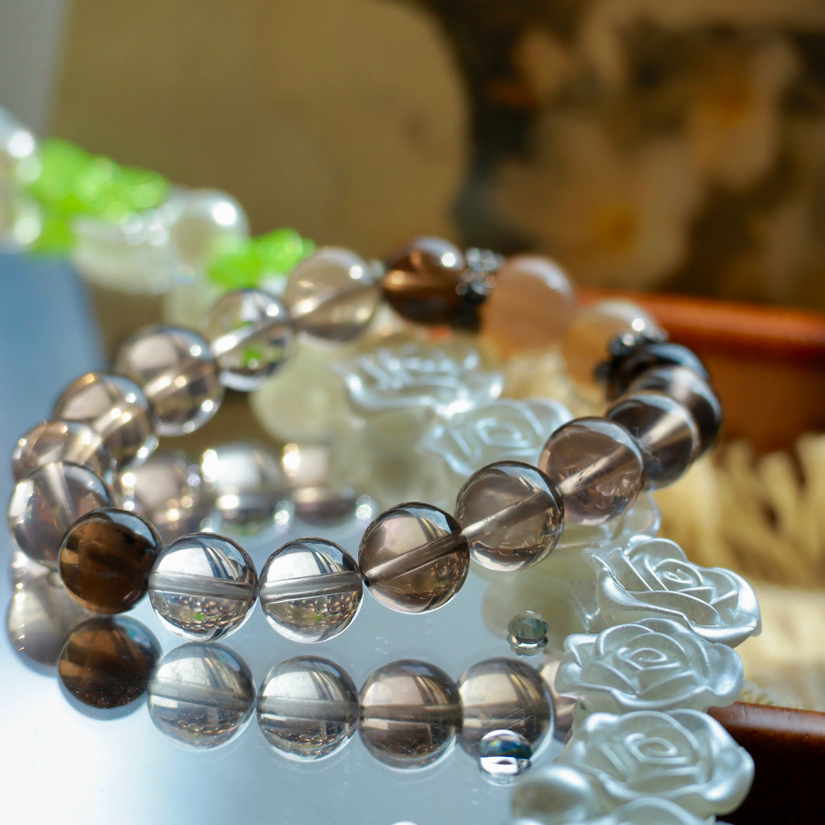 White & Black Smoky Quartz Bracelet with Cream Moonstone | 10mm Natural Gemstone Beads