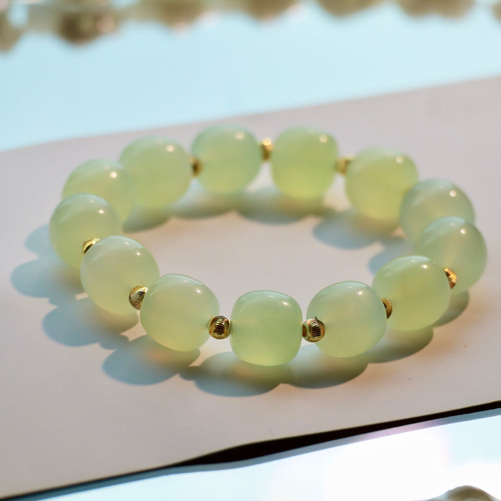 12mm Natural Xiuyan Jade Bracelet with Gold-Plated Copper Beads | Handmade Jade Jewelry - DancingMotes