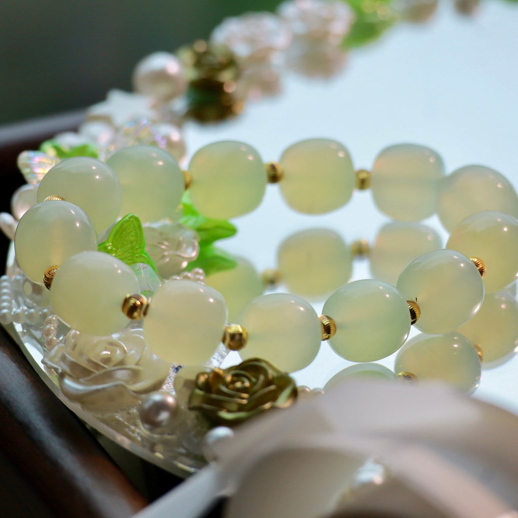 12mm Natural Xiuyan Jade Bracelet with Gold-Plated Copper Beads | Handmade Jade Jewelry - DancingMotes