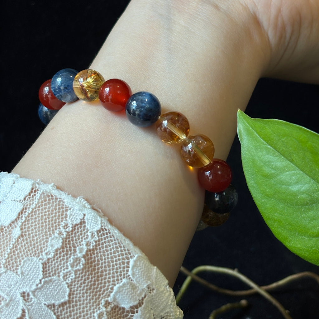 Natural Blue Kyanite, Red Agate, Yellow Tower Quartz & Tiger Eye Bracelet – 10mm Gemstone Jewelry