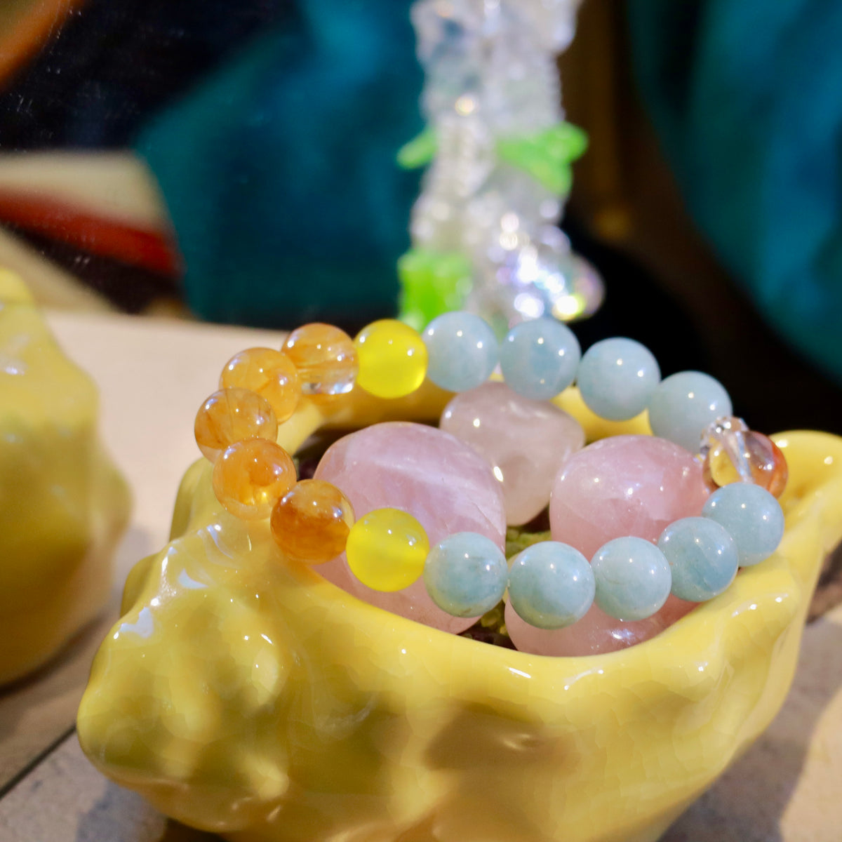Natural Aquamarine & Yellow Hematoid Quartz Bracelet | 10mm Gemstone Beads