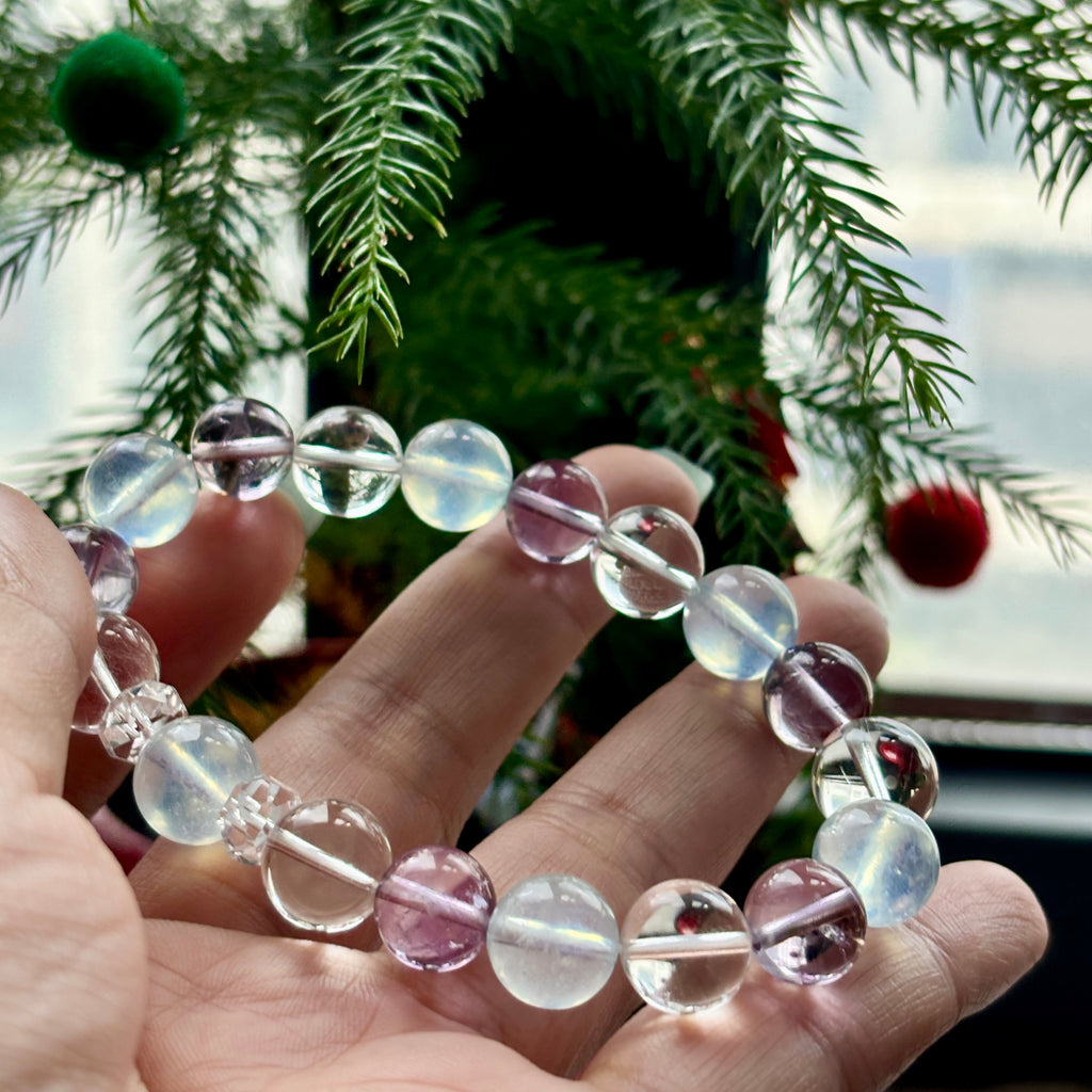 9-10mm Natural Aquamarine, Brazilian Amethyst & Clear Quartz Bracelet