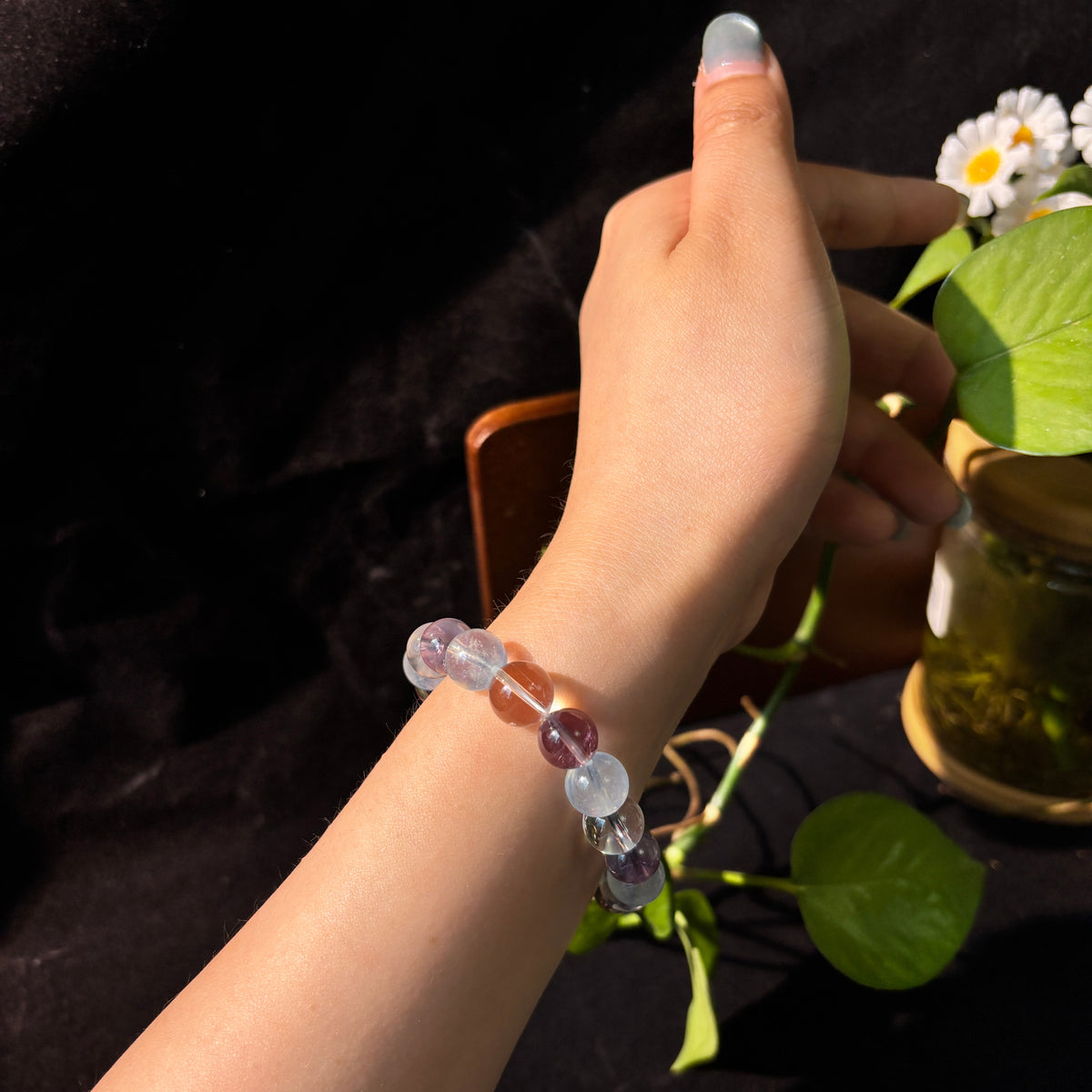 9-10mm Natural Aquamarine, Brazilian Amethyst & Clear Quartz Bracelet