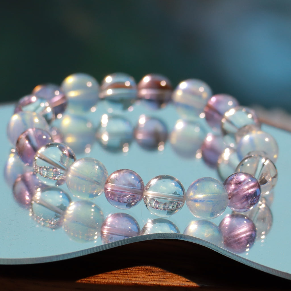 9-10mm Natural Aquamarine, Brazilian Amethyst & Clear Quartz Bracelet