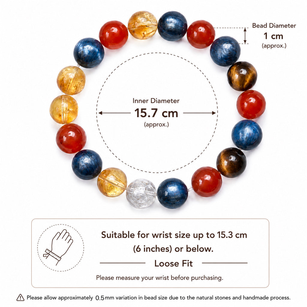 Natural Blue Kyanite, Red Agate, Yellow Tower Quartz & Tiger Eye Bracelet – 10mm Gemstone Jewelry