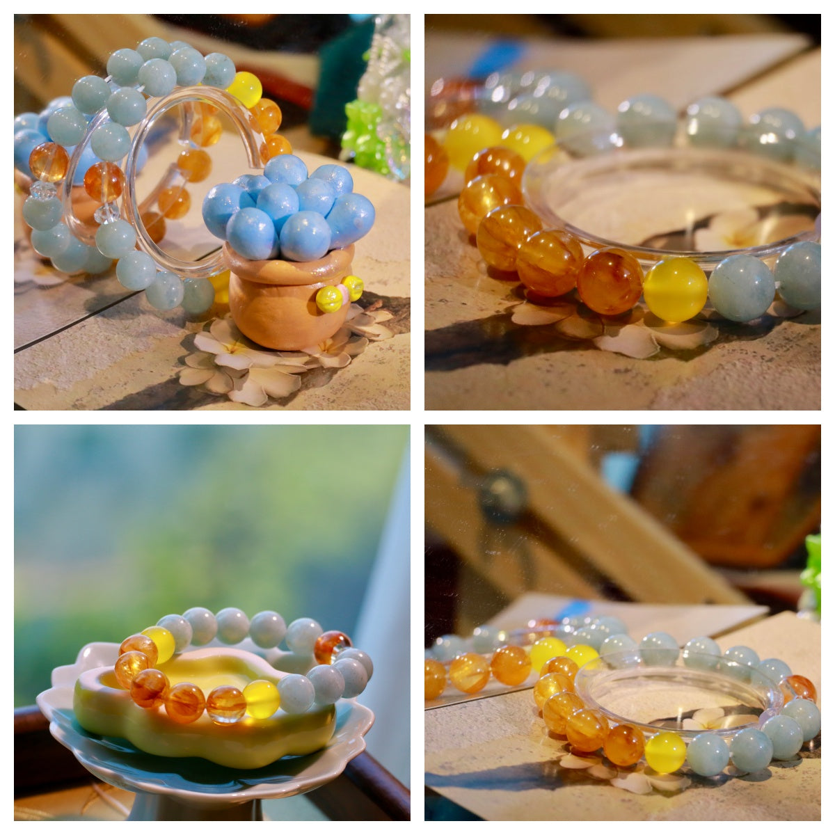 Natural Aquamarine & Yellow Hematoid Quartz Bracelet | 10mm Gemstone Beads