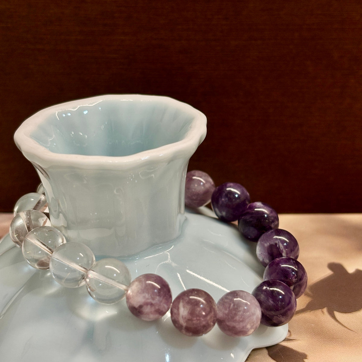 10mm Silver Purple Lepidolite & White Quartz Bracelet – Handmade Natural Crystal Stretch Bracelet