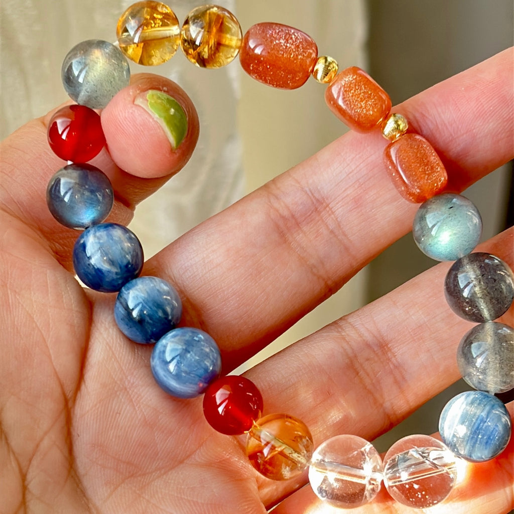 9mm Blue Kyanite & Gray Moonstone Bracelet with Sunstone and Natural Gemstones - DancingMotes
