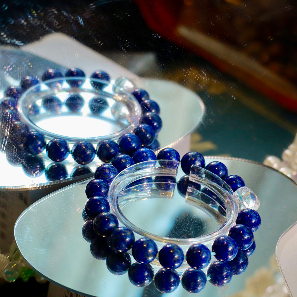 9mm Natural Lapis Lazuli Bracelet with Clear Quartz Cube | Blue Gemstone Beaded Bracelet