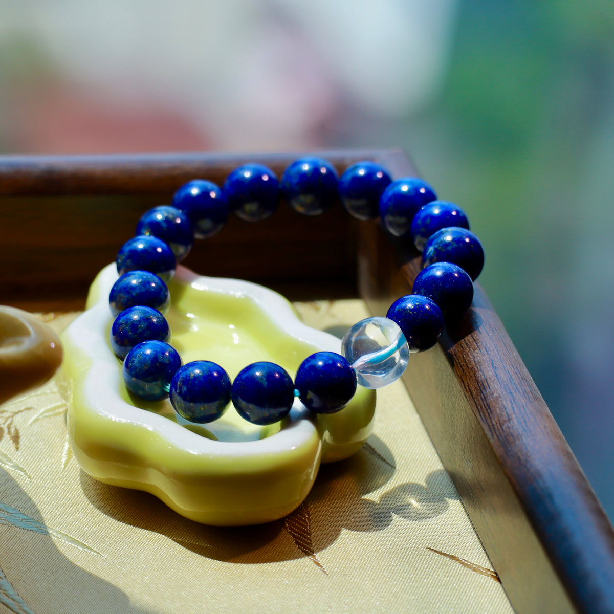 9mm Natural Lapis Lazuli Bracelet with Clear Quartz Cube | Blue Gemstone Beaded Bracelet