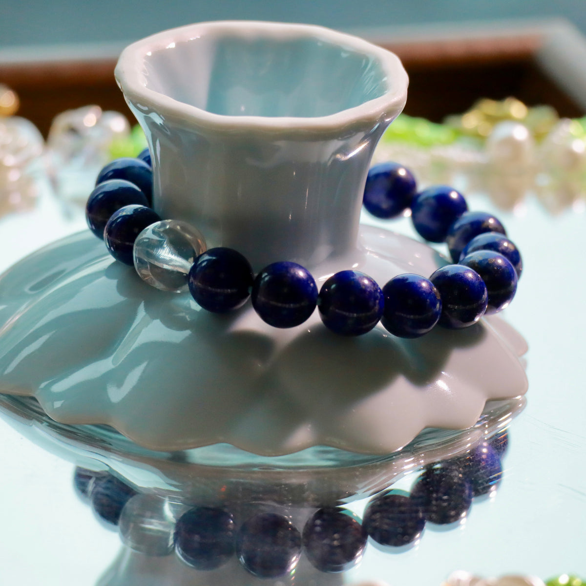 9mm Natural Lapis Lazuli Bracelet with Clear Quartz Cube | Blue Gemstone Beaded Bracelet