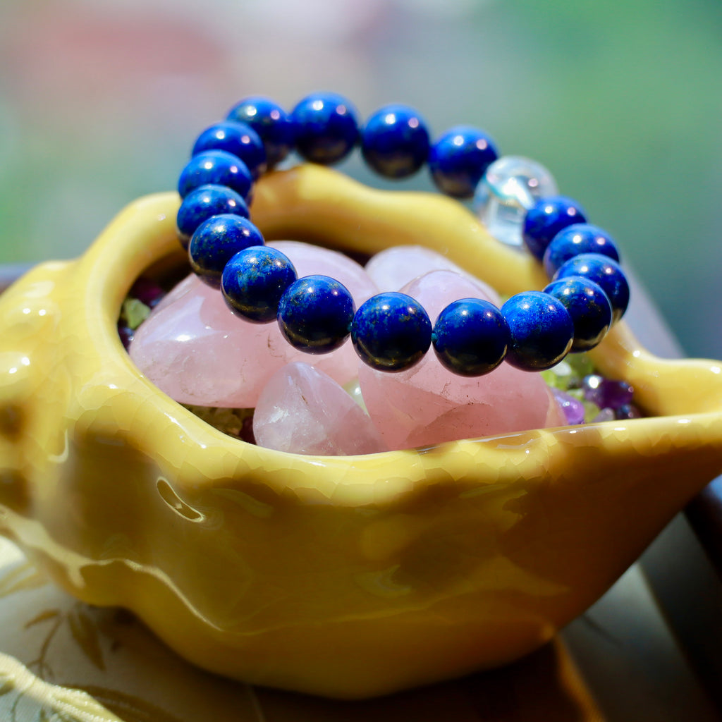 9mm Natural Lapis Lazuli Bracelet with Clear Quartz Cube | Blue Gemstone Beaded Bracelet