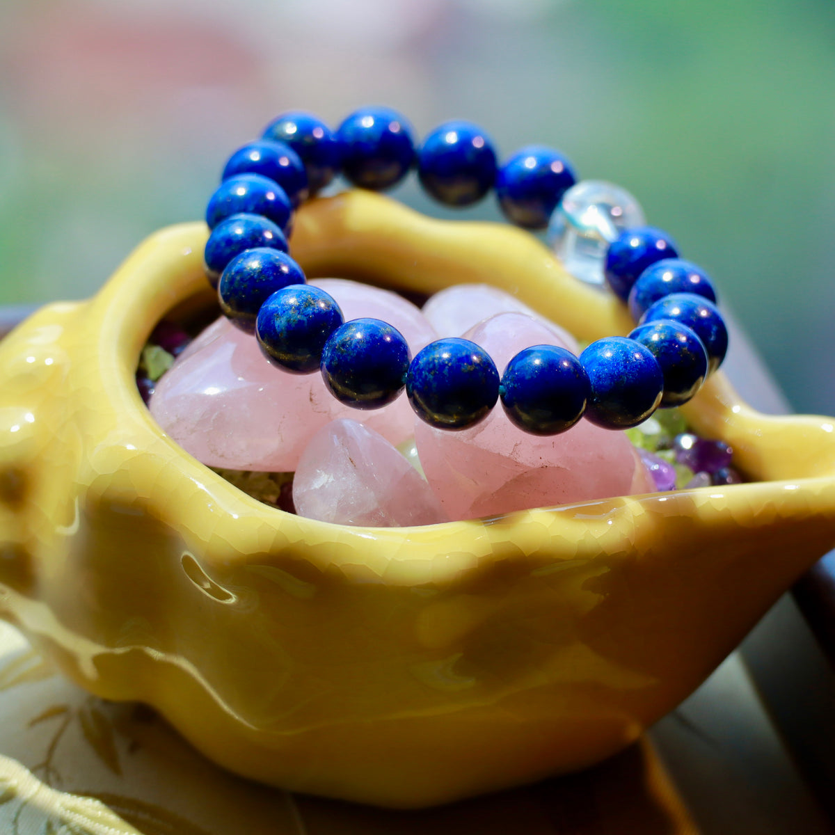 9mm Natural Lapis Lazuli Bracelet with Clear Quartz Cube | Blue Gemstone Beaded Bracelet