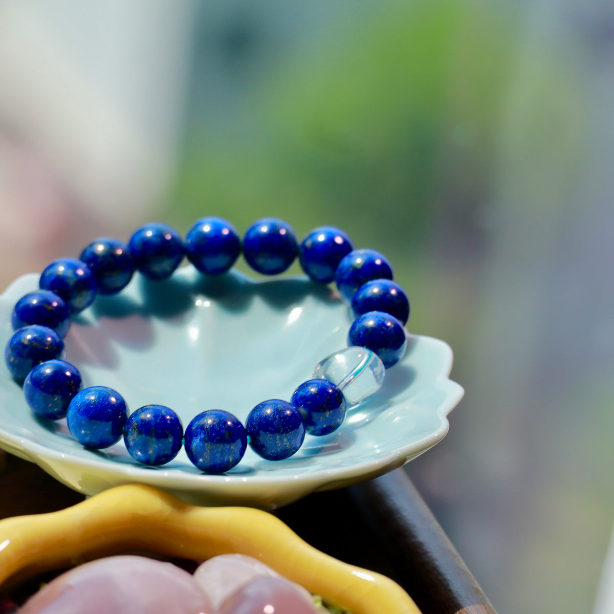 9mm Natural Lapis Lazuli Bracelet with Clear Quartz Cube | Blue Gemstone Beaded Bracelet