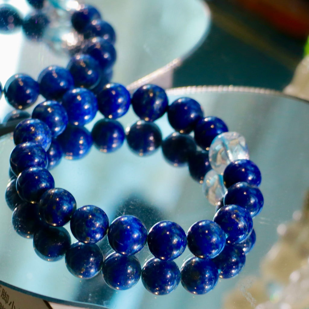 9mm Natural Lapis Lazuli Bracelet with Clear Quartz Cube | Blue Gemstone Beaded Bracelet