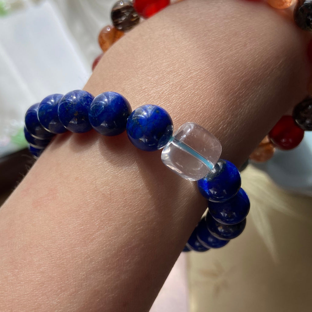 9mm Natural Lapis Lazuli Bracelet with Clear Quartz Cube | Blue Gemstone Beaded Bracelet