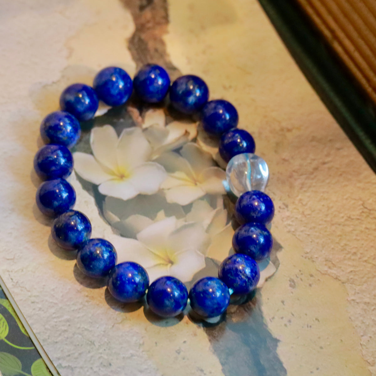 9mm Natural Lapis Lazuli Bracelet with Clear Quartz Cube | Blue Gemstone Beaded Bracelet