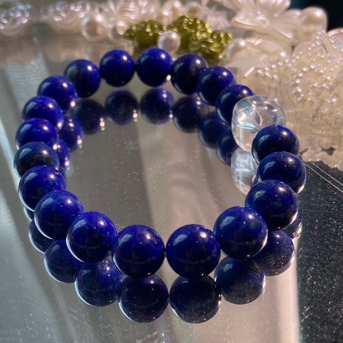 9mm Natural Lapis Lazuli Bracelet with Clear Quartz Cube | Blue Gemstone Beaded Bracelet
