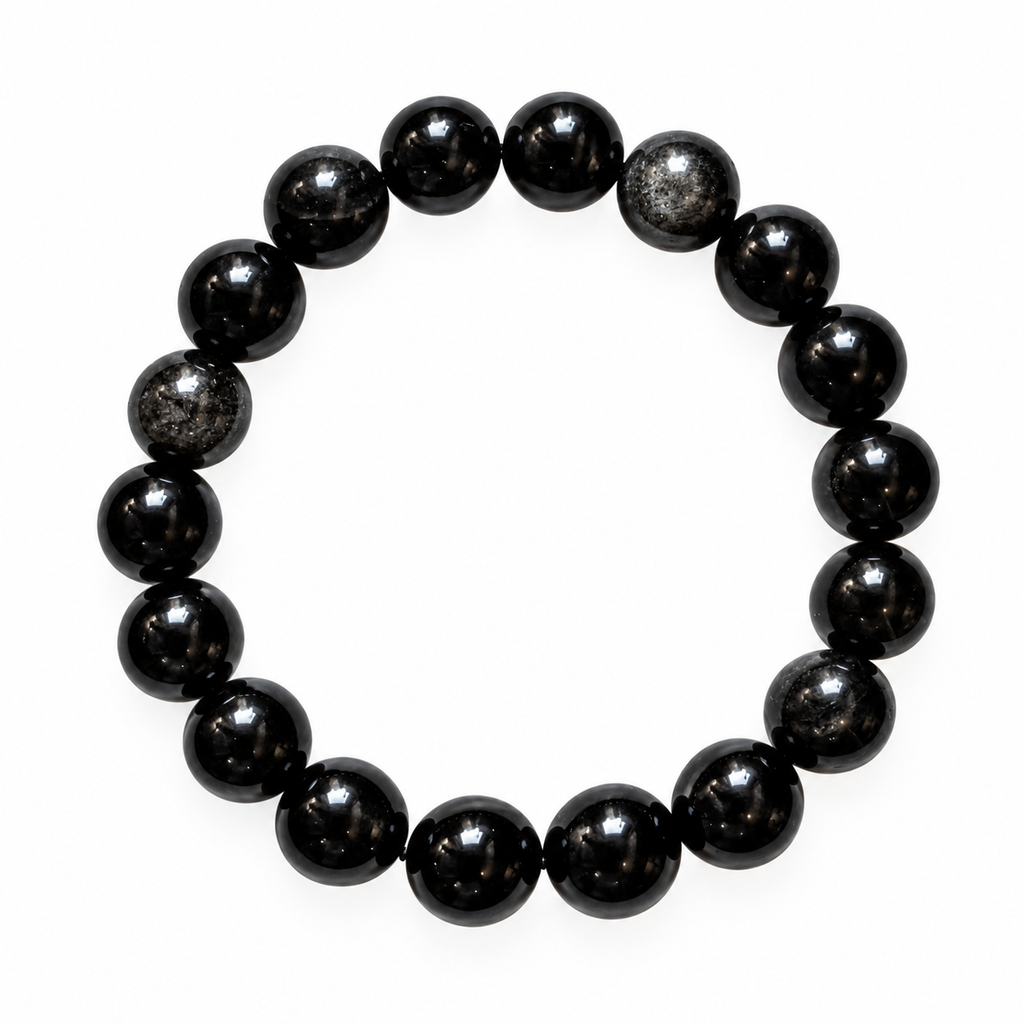 10mm Natural Silver Sheen Obsidian Bracelet –  Black Gemstone Beads