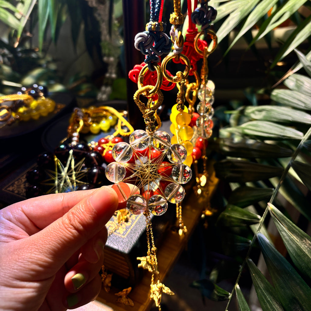 Natural Clear Quartz Crystal Hanging Ornament with Gold Cord for Home Decor Witch Crystal