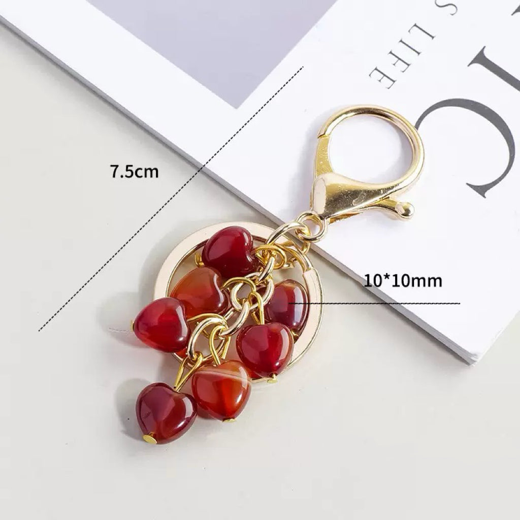 Natural Crystal Heart Keychain | Red Agate or Amethyst Beaded Bag Charm
