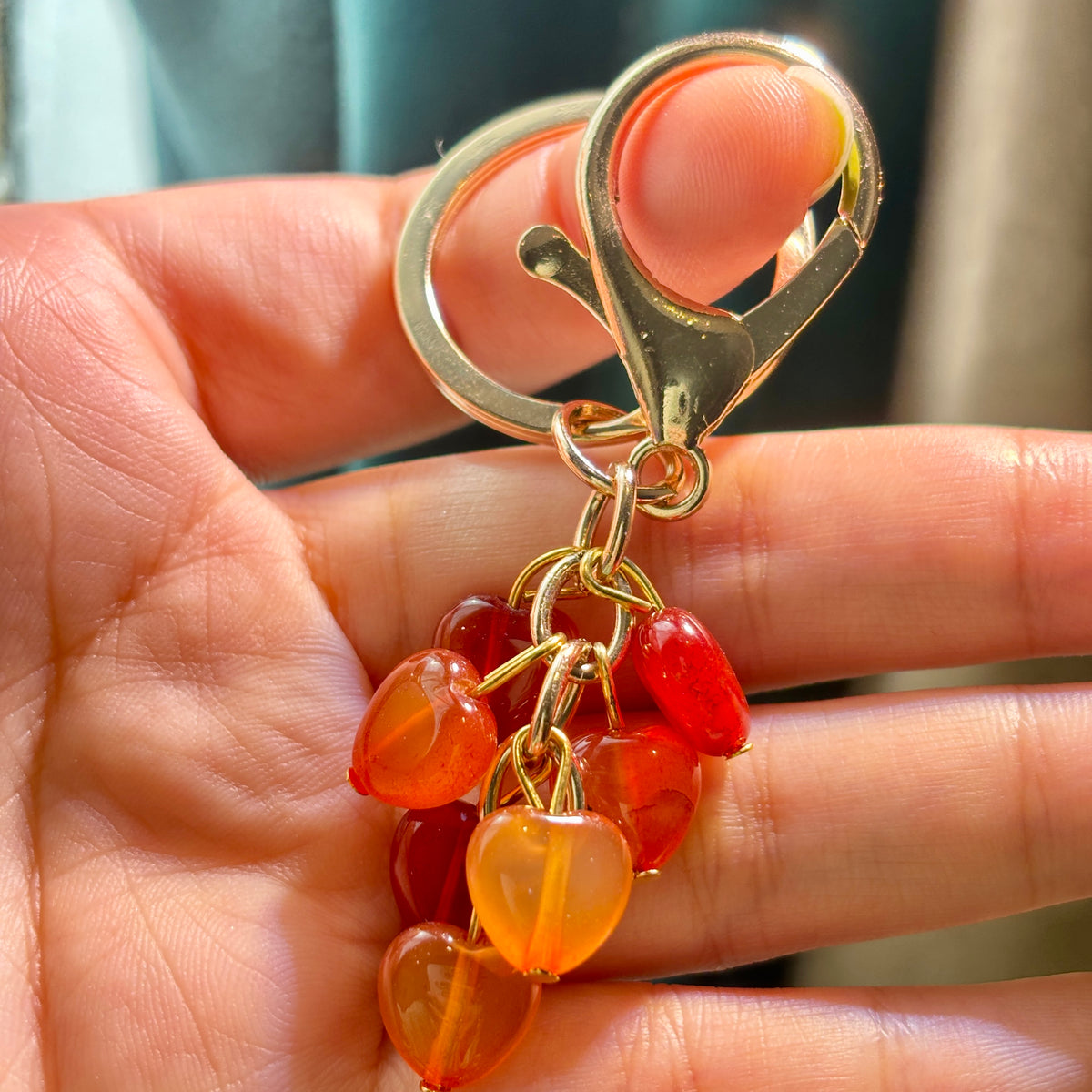 Natural Crystal Heart Keychain | Red Agate or Amethyst Beaded Bag Charm