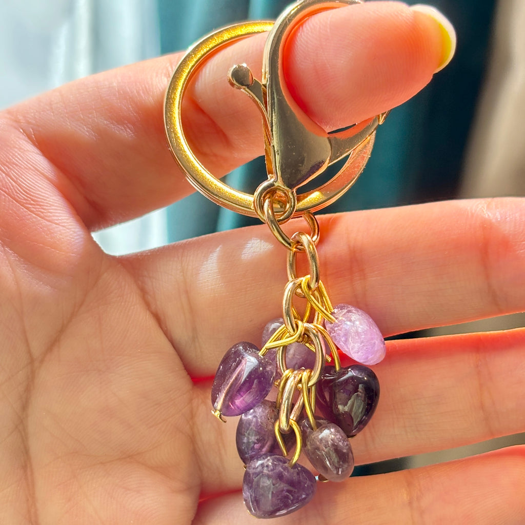 Natural Crystal Heart Keychain | Red Agate or Amethyst Beaded Bag Charm