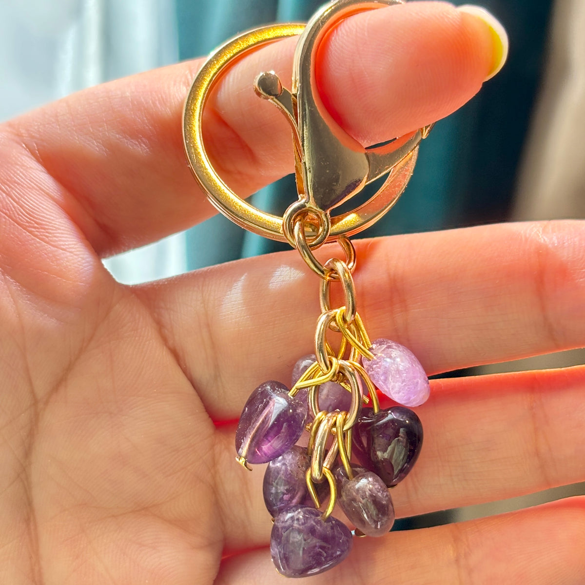 Natural Crystal Heart Keychain | Red Agate or Amethyst Beaded Bag Charm