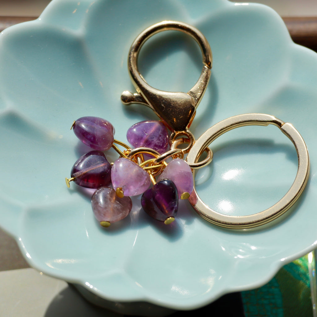 Natural Crystal Heart Keychain | Red Agate or Amethyst Beaded Bag Charm