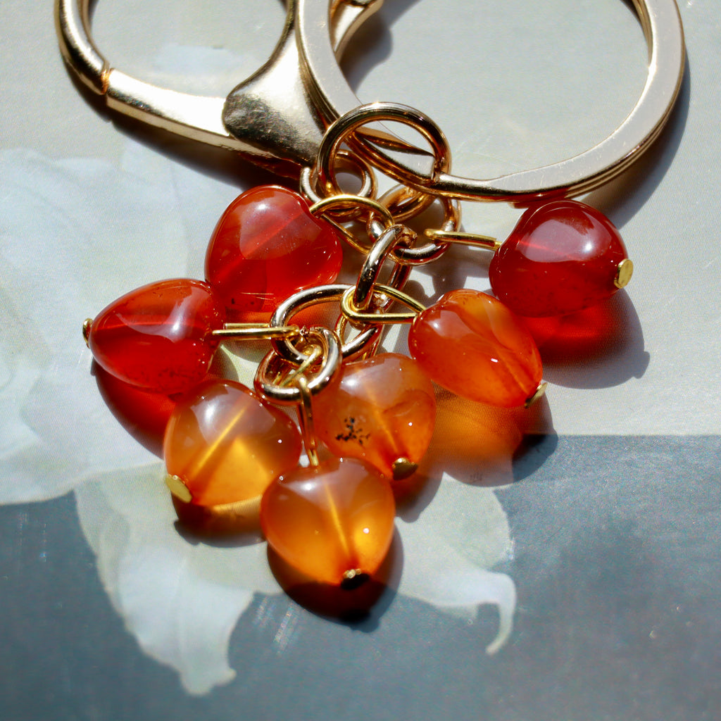 Natural Crystal Heart Keychain | Red Agate or Amethyst Beaded Bag Charm