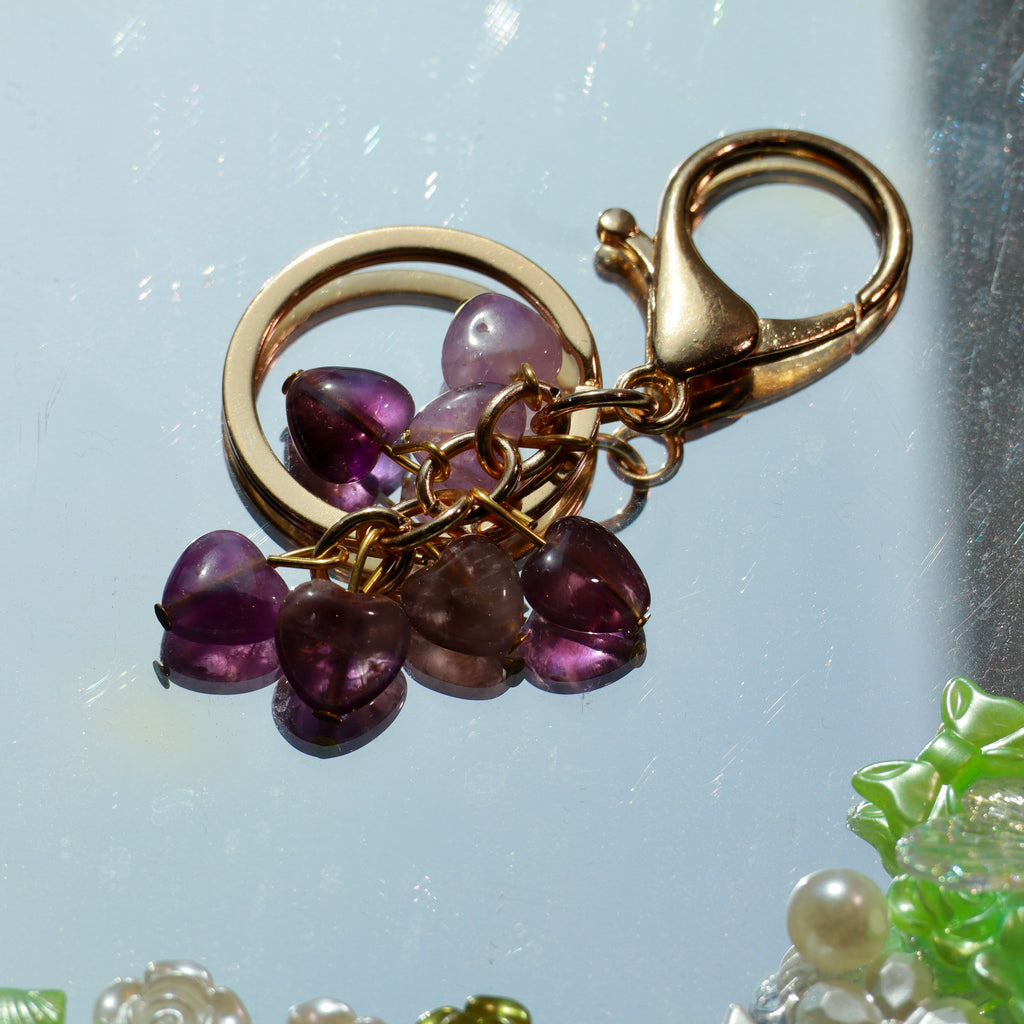 Natural Crystal Heart Keychain | Red Agate or Amethyst Beaded Bag Charm