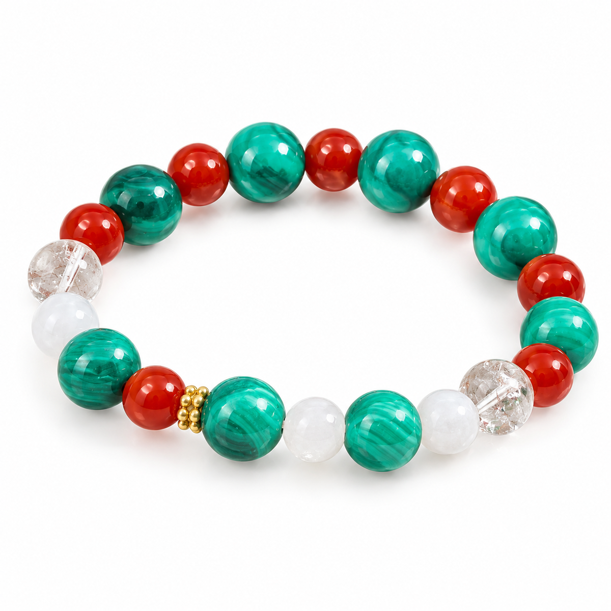 10mm Malachite Bracelet with Nanhong Agate, Snowflake Phantom Quartz & White Azeztulite Christmas Decor